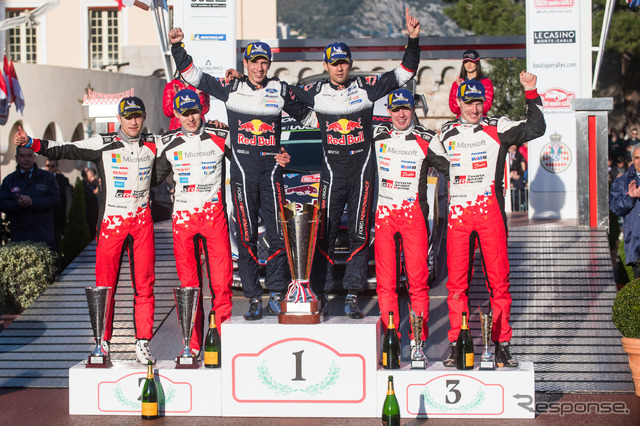 2018年WRC開幕戦モンテカルロの表彰台。左から2位タナク組、優勝オジェ組、3位ラトバラ組。