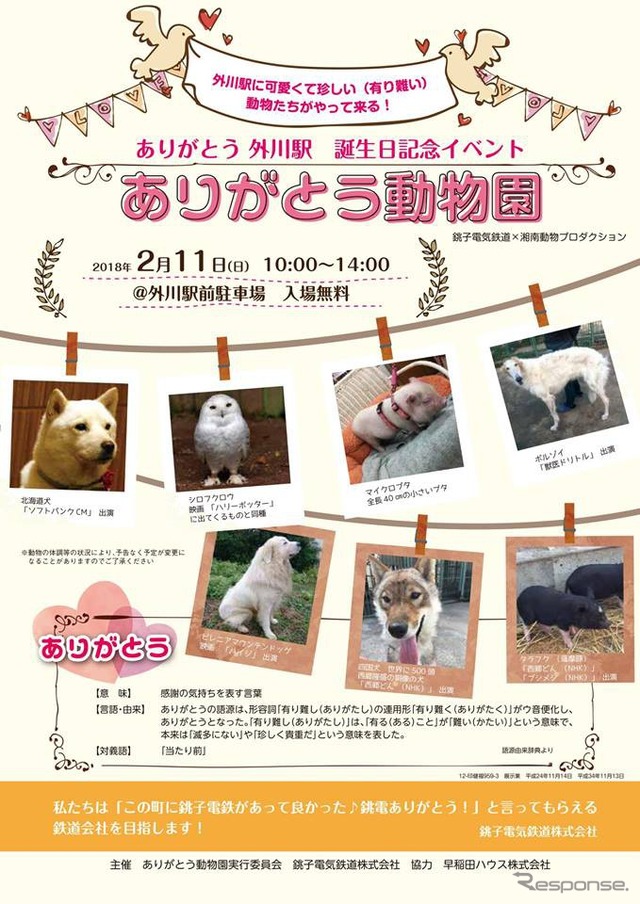 外川駅前の駐車場に集まる動物タレントたち。