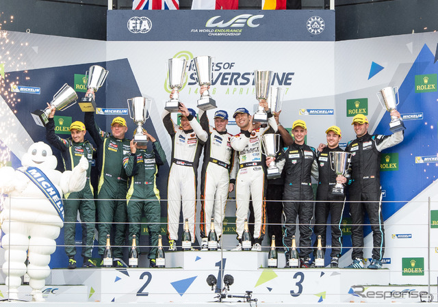 2017年WEC開幕戦、LMGTE-Amクラスで優勝した澤圭太(中央3人の右端)。