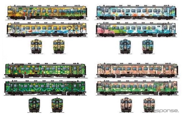 3月から順次登場する4種類の「北海道の恵み」。左上が3月下旬に登場する道北用の「流氷の恵み」（キハ40 1720を改装）、左下が4月頃に登場する道東用の「森の恵み」（キハ40 1779を改装）、右上が6月頃に登場する道南用の「海の恵み」（キハ40 1809を改装）、右下が7月に登場する道央用の「花の恵み」（キハ40 1780を改装）。