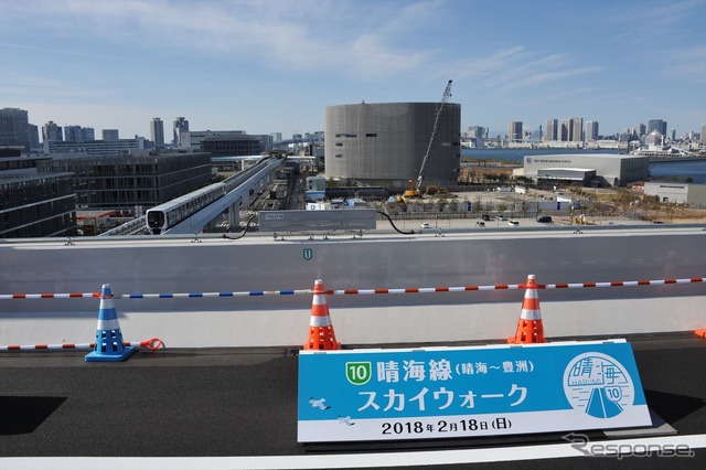 先に開通したゆりかもめが晴海線の下を交差する。見えるのは築地移転が取りざたされている豊洲市場「市場駅」。