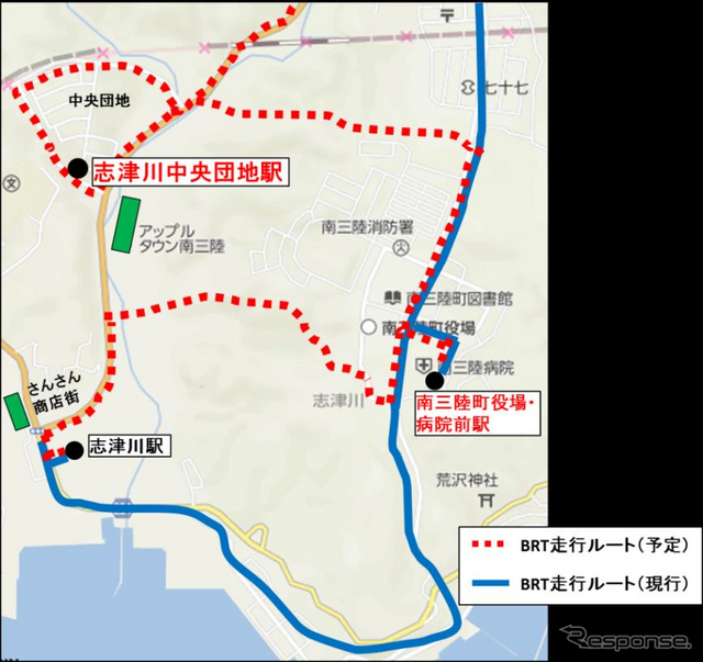 赤の破線が志津川～清水浜間の新しいルート。青い線が示す現ルートより北側に新設され、南三陸町の中心部を巡る形となる。