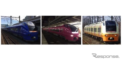 村上駅に勢揃いする予定の『いなほ』のE653系1000番台。左から瑠璃色、ハマナス色、オリジナル色。