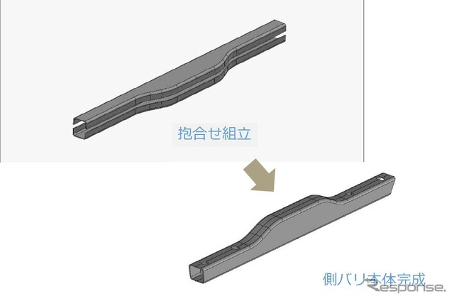 側バリは2つのパーツを抱き合わせるように組み立てる。