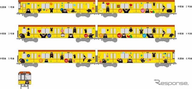 昨年3月に全車引退した01系に代わって、くまモンのラッピングが施される1000系。