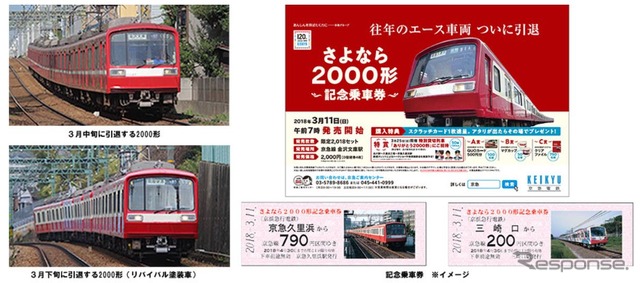 3月下旬までに引退する2000形(左)と、発売される記念乗車券(右)。