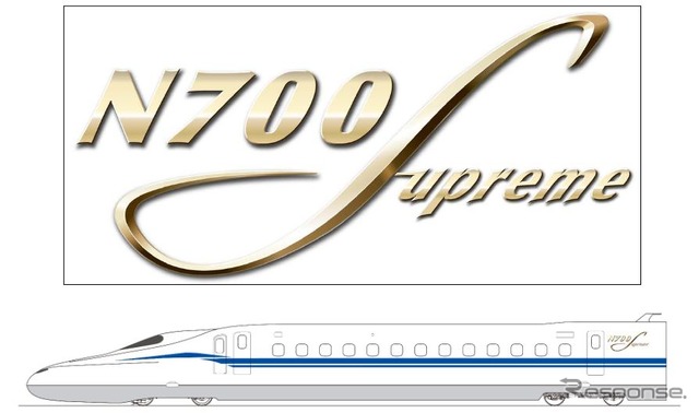 N700Sのシンボルマーク(上)と取付け位置(下)。シンボルマークは鉄道の安心・安定感を表現するため、優雅で伸びやか、かつ勢いのあるSupreme(最高の)の「S」を中央に配している。