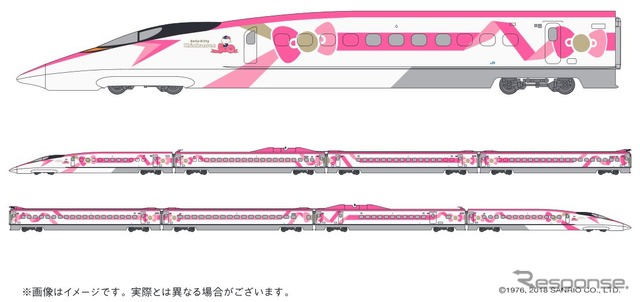 「つなぐ」「結ぶ」という思いが詰まったピンクを基調としたリボンが車体全面に広がる「ハローキティ新幹線」のデザイン。