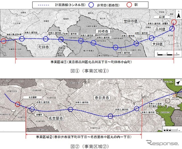 大深度地下を利用する区間の詳細図。上が東京側、下が名古屋側。