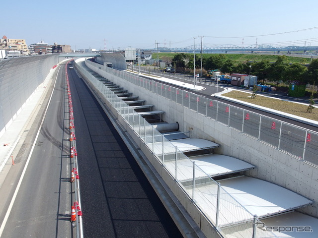国道298号外回りと高速道路地下区間の天井開口部。市川市田尻5丁目北歩道橋から南を臨む。右手は江戸川放水路(3月25日)。