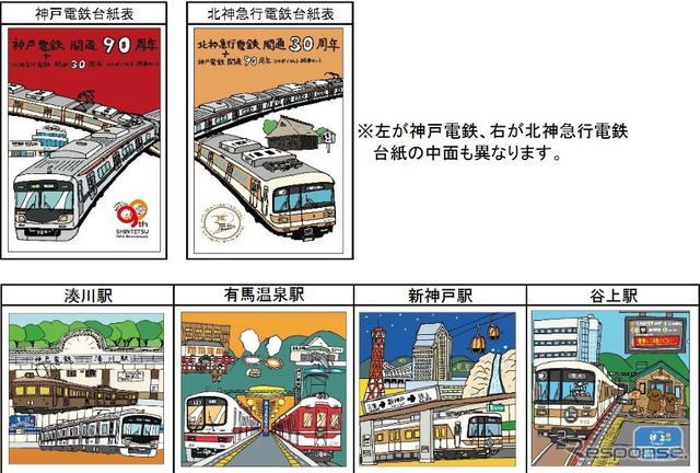 コラボ硬券セットの台紙デザイン（上）と各駅のデザイン（下）。台紙のデザインは両社で異なり、2つを揃えるとイラストがつながるようになっている。