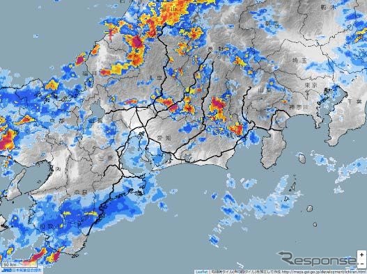 JR東海の雨量レーダーを用いた雨量情報モニター。新たな運転規制に伴なうシステム改良には、およそ4億4000万円が投入される。