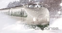 ARによる「新幹線スコープ」のイメージ。200系新幹線の展示車両付近に設置され、覗き込むと、雪に挑む新幹線がリアルに映し出される。
