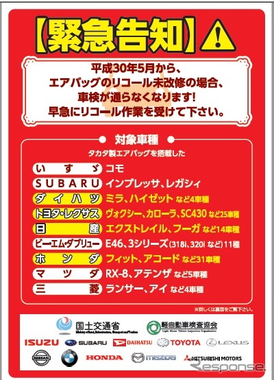 タカタ製エアバッグのリコール未改修車は車検が通りません（5月1日から）