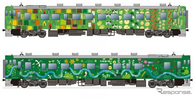 イラスト車両「道東 森の恵み」の両側面デザイン。