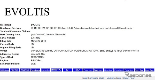 スバルが米国でエヴォルティス（EVOLTIS）のネーミングを商標登録していたことが記されている米国USPTO（特許商標庁）公式サイト