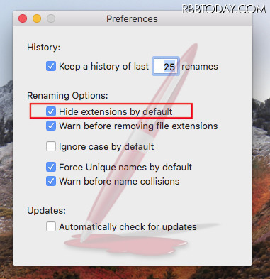 「NameChanger」メニューの「Preferences」を選び、表示された画面で「Hide extensions by default」にチェックマークを付ける