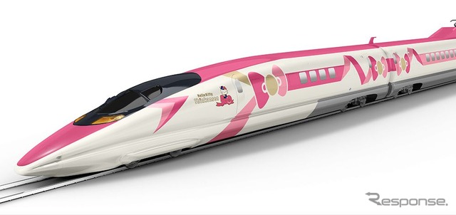 「地域をつなぐ、結ぶ」という思いを込めたピンクのリボンが印象的な「ハローキティ新幹線」のデザイン。