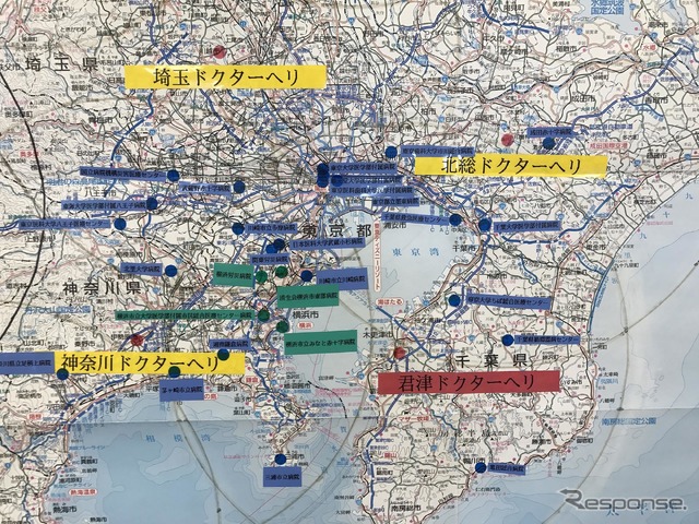 地図の中央に羽田空港。君津中央病院からはドクターヘリで12分の位置にある。埼玉ドクターヘリ、神奈川ドクターヘリ、千葉県の北総ドクターヘリも、20分以内に到達できる。