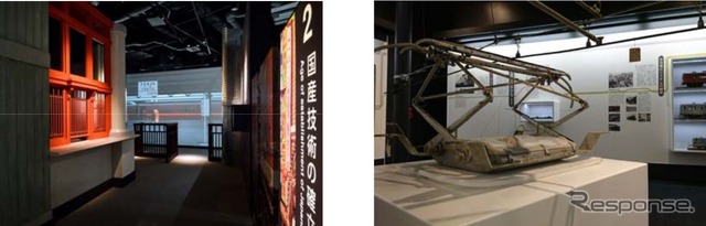 「歴史ステーション」に再現される、開駅当時の東京駅の改札口と窓口(左)。右は電車の高速化を実現した技術を紹介するセクション。
