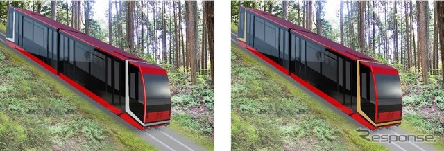 新型車は朱色ベースの2両編成で、塗色は特急『こうや』や現在の車両のイメージを引き継ぐもの。左の1号車は白のライン、右の2号車はオレンジのラインを配しており、1号車は高野山の神社仏閣を、2号車は高野山の緑に溶け込むデザインとする。