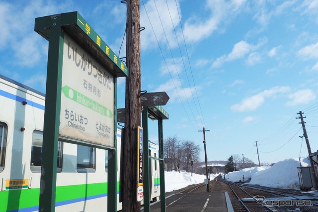 月形町の中核駅である札沼線石狩月形駅。JR北海道からは、北海道医療大学～石狩月形間を存続した場合、北海道医療大学以北の輸送密度は66人から147人、営業係数は2609円から2020円になるという見解が示されている。