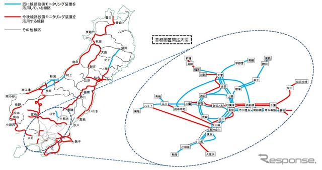 「線路設備モニタリング装置」の今後の導入線区。東北や甲信越、房総地区など、大幅に拡大される。