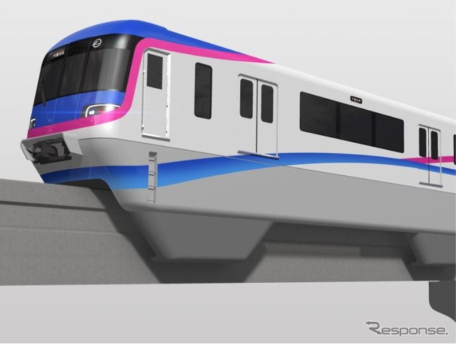 今秋に導入される3000系のイメージ。丸味のあるデザインの先頭車と大きく弧を描いた塗色が特徴で、大型窓を採用することで眺望にも配慮している。