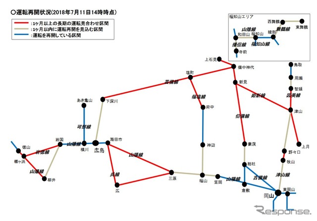 7月11日14時時点のJR西日本エリアの運転再開状況。赤いラインが復旧まで1ヶ月以上を要すると想定される区間。