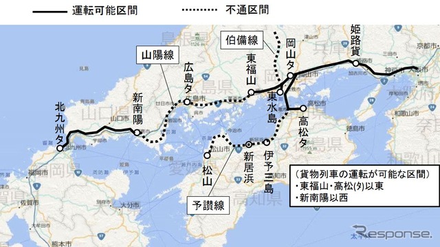JR貨物が7月13日16時に発表した7月14日以降の貨物列車運行状況。東福山~新南陽間には、三原~海田市間など運行再開の目途が立たない区間が含まれていることから、貨物列車を山陰本線に迂回させる検討が始められているという。