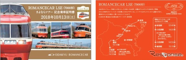 10月13日のラストラン列車で配布される記念乗車証明書。ロマンスカーアテンダントが昔の制服を着用して車内販売を行なう。