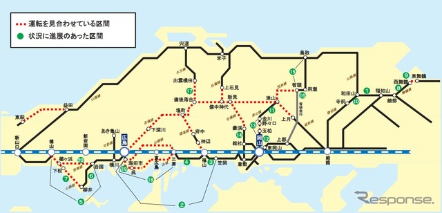 7月18日14時時点におけるJR西日本の運行状況。中国地方の山間路線を中心に不通区間が続いている。舞鶴線と山陰本線は今週中に不通区間がなくなる模様。