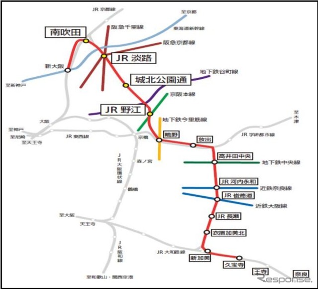おおさか東線の路線と新大阪~放出間に設置される新駅の概略。