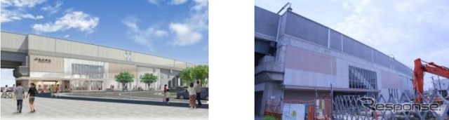 南吹田駅のイメージ(左)と建設中の駅(右)。周辺は神崎川の水資源を活かして発展したことから、駅舎はその水路の風景をイメージしている。