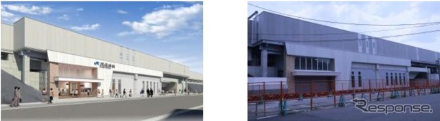 JR淡路駅のイメージ(左)と建設中の駅(右)。平安時代に菅原道真がこの地を淡路島と勘違いして上陸したという言い伝えがあることから、駅舎は当時の川の流れや地形などを表現。