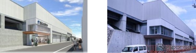 城北公園通駅のイメージ(左)と建設中の駅(右)。城北地域の淀川には古くから渡し舟による水運が発達していたことから、駅舎は渡し舟が水面に浮かんでいる様子をイメージ。