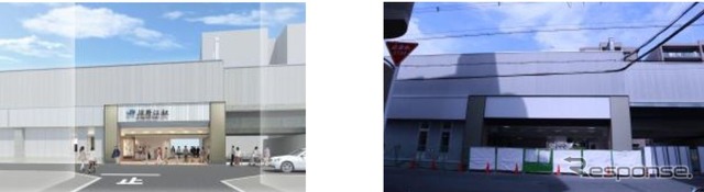 JR野江駅のイメージ(左)と建設中の駅(右)。鎌倉時代の榎並猿楽(能のルーツのひとつ)の発祥がこの地であったことから、駅舎は猿楽の衣装と能の舞台を表現。