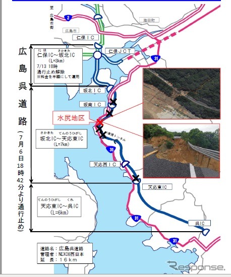 平成30年7月豪雨で大きな被害を受けた広島呉道路の状況