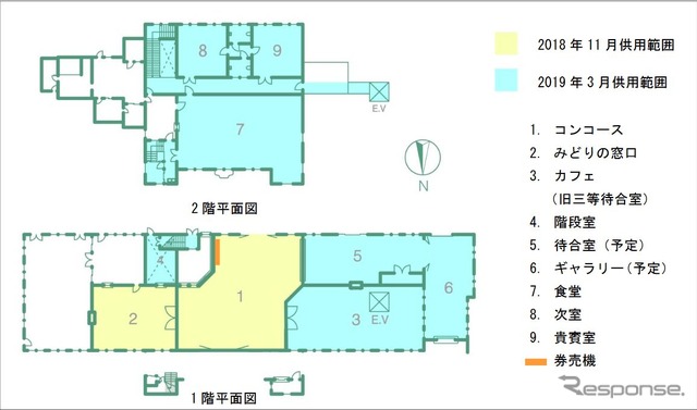 復原後の供用範囲。コンコースとみどりの窓口は11月に先行して供用開始される。