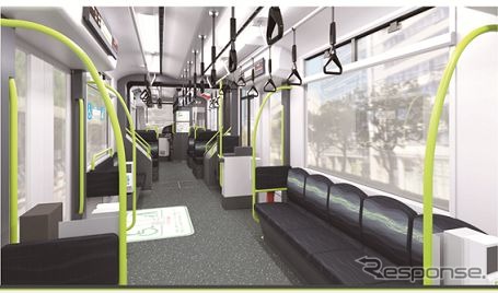 5200形の車内イメージ。シートは広島の川の流れをモチーフにしたもの。