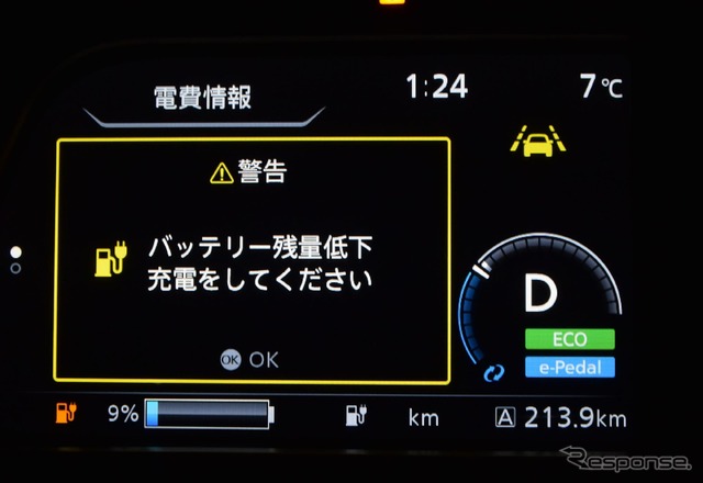 横浜から213km走行地点で充電を促すアラートが。おおむね残り9%でこうなる。