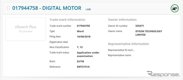 ダイソンが「デジタルモーター」を商標登録したことを公表しているEUIPO（欧州連合の知的財産庁）公式サイト