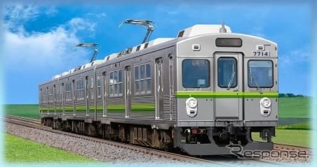 導入される7700系は塗色が4種類ある。これは、2019年度に2両編成2本が登場する緑帯車。
