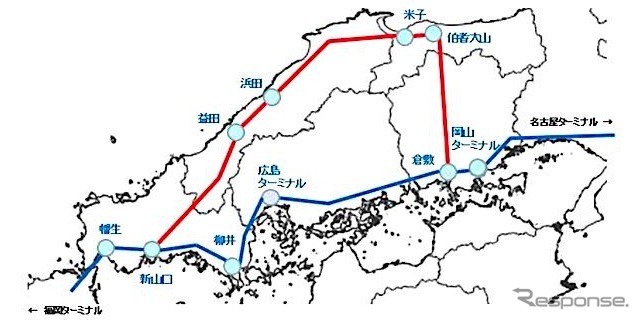 山陽本線貨物列車の迂回ルート(赤線部分)