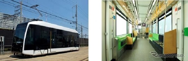 車体（左）は連接タイプのA1200形とそっくりな1100形。車内（右）はロングシートだけとなり通路幅が広くなった。