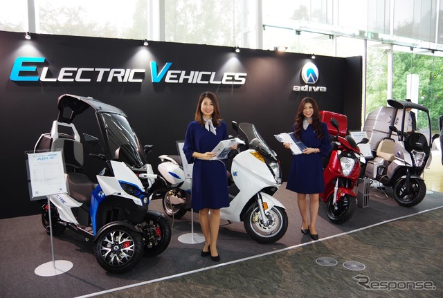 3輪バイクのADIVAが「京都スマートシティエキスポ2018」で新型電動バイク4台を展示。