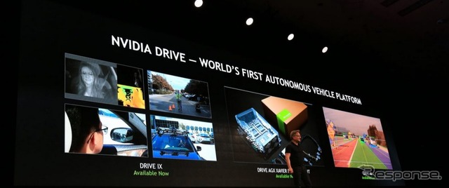 エヌビディア（NVIDIA）の最新のAIコンピュータ「DRIVE AGX」を発表するジェンスン・フアンCEO