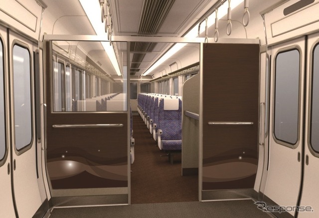 車内は落ち着きのある空間にまとめられ、電源コンセントはJR西日本の在来線普通車では初の設置となる。