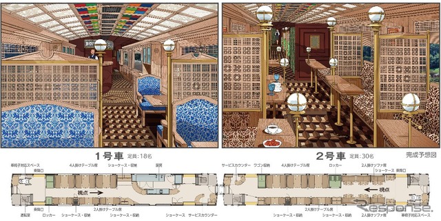 1号車（左）にはキッチン、2号車（右）には2人掛けのソファーなども備え、両車ともサービスカウンターが設けられる。