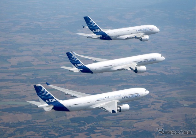 手前からA330、A350XWB、A380による編隊飛行。　(c) Airbus